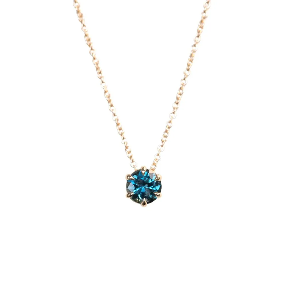 0.80ct Round Teal Sapphire Six Prong Necklace in 14k Yellow Gold