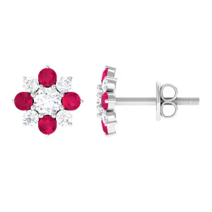 1 CT Diamond and Ruby Floral Stud Earrings