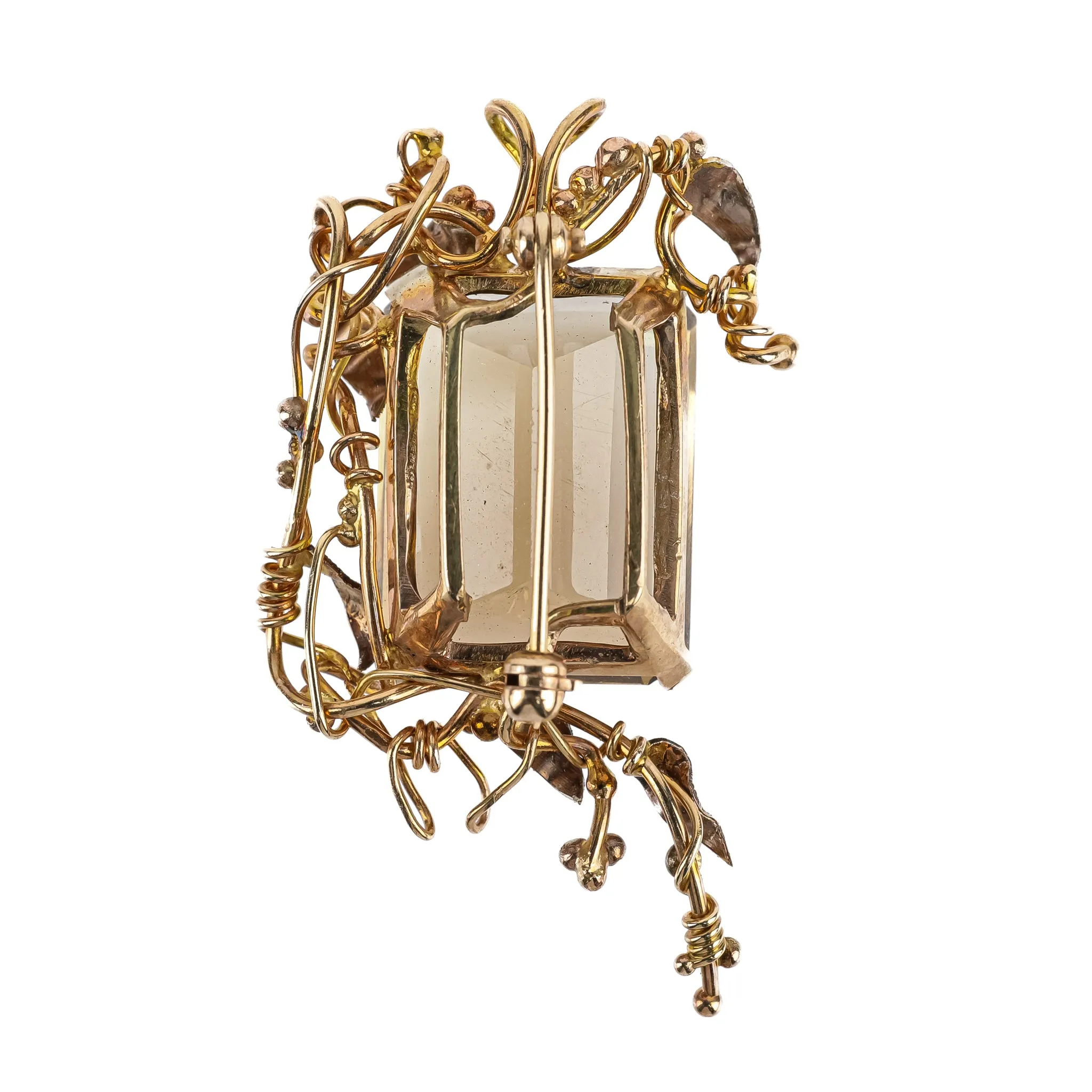 10K & 14K Yellow Gold Emerald Cut Smoky Quartz Brooch