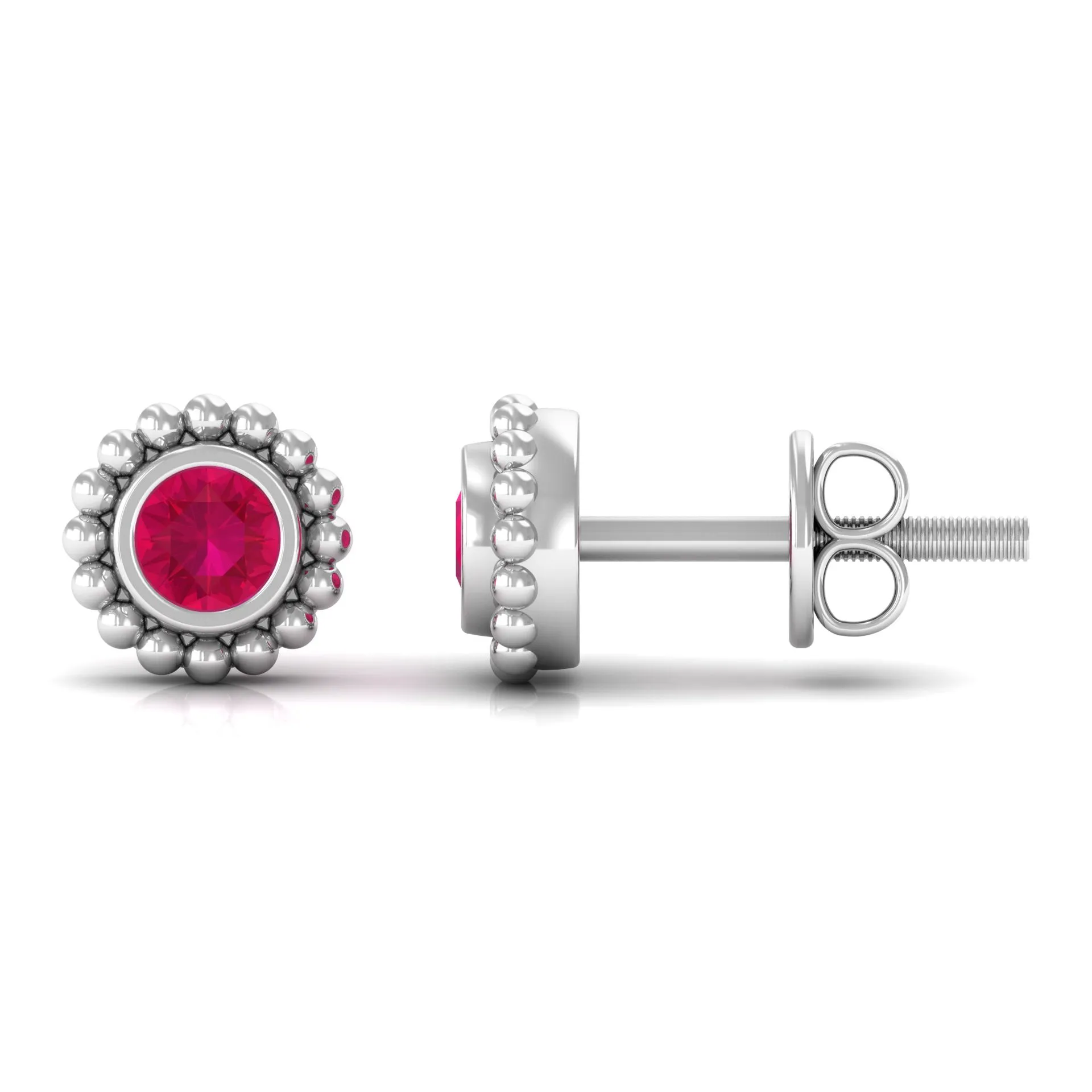 1/4 CT Ruby Solitaire Stud Earring in Beaded Bezel Setting for Women