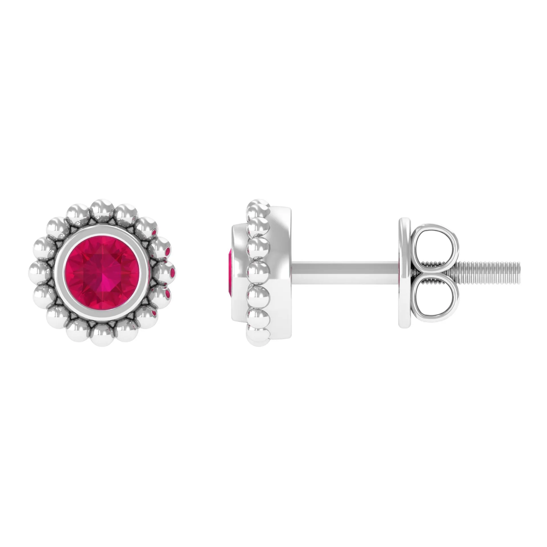 1/4 CT Ruby Solitaire Stud Earring in Beaded Bezel Setting for Women