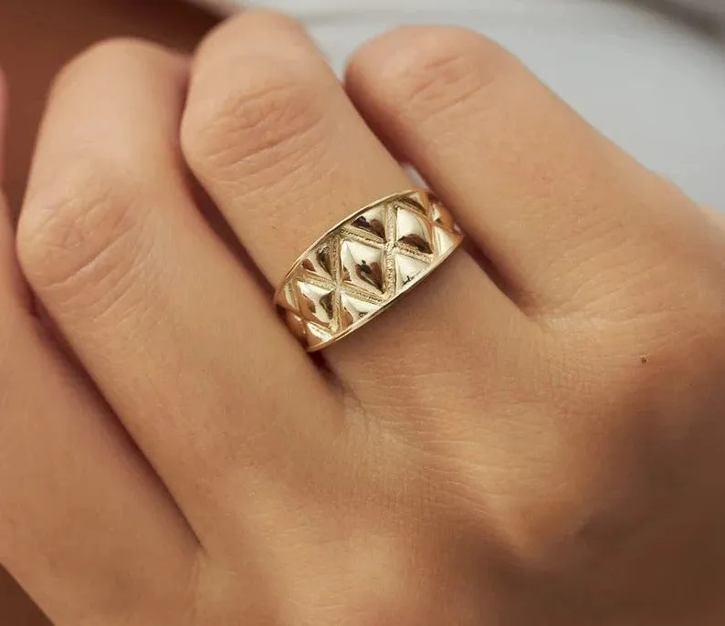 14k Gold Vermeil Wide Band  Statement Ring  - Diamond Pattern Ring