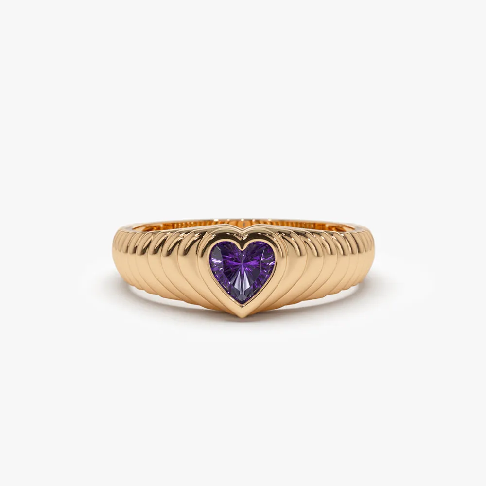 14k Heart Shape Amethyst Beveled Ring