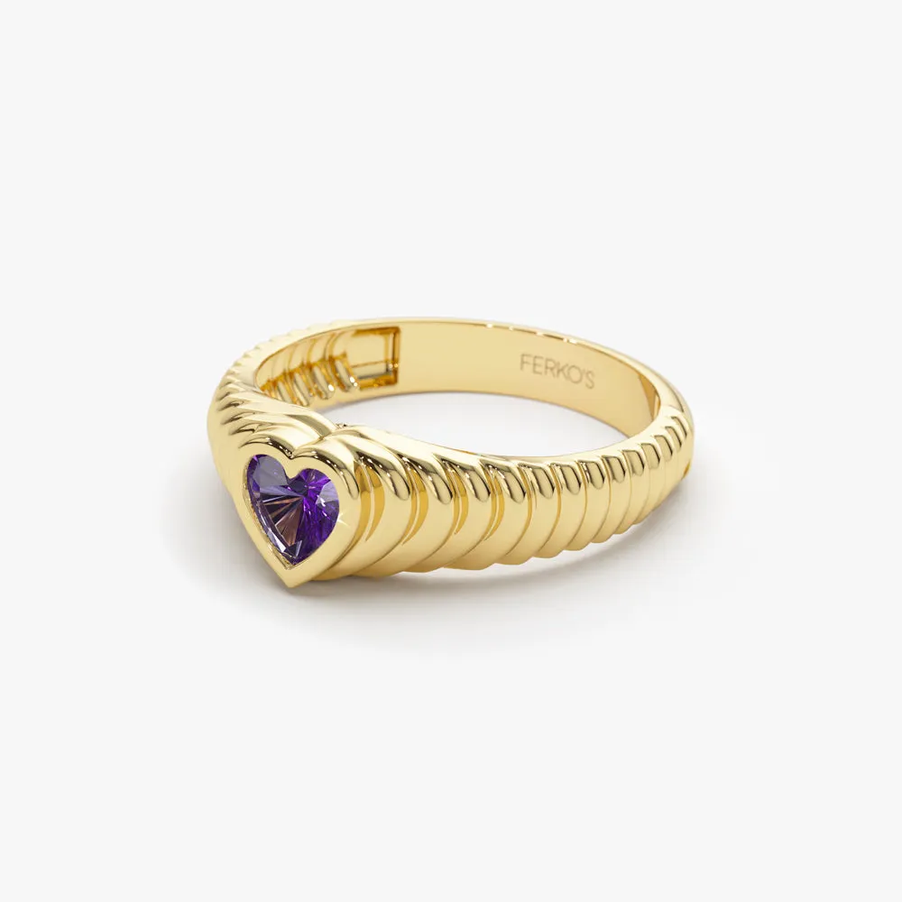 14k Heart Shape Amethyst Beveled Ring