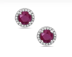 14k White Gold Ruby & Diamond Halo Stud Earrings (I7414)