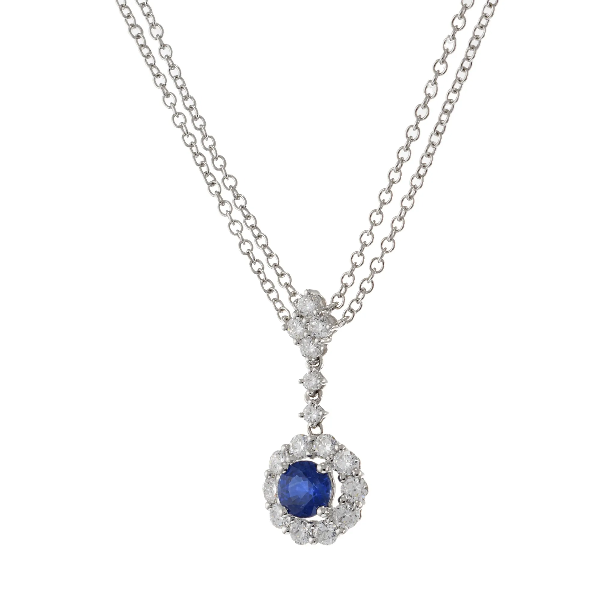 14KT White Gold Round Cut Blue Sapphire and Diamond Pendant with Double Chain