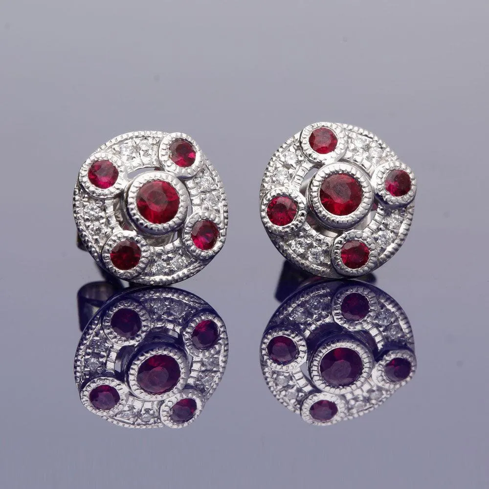 18ct White Gold Ruby and Diamond Cluster Stud Earrings