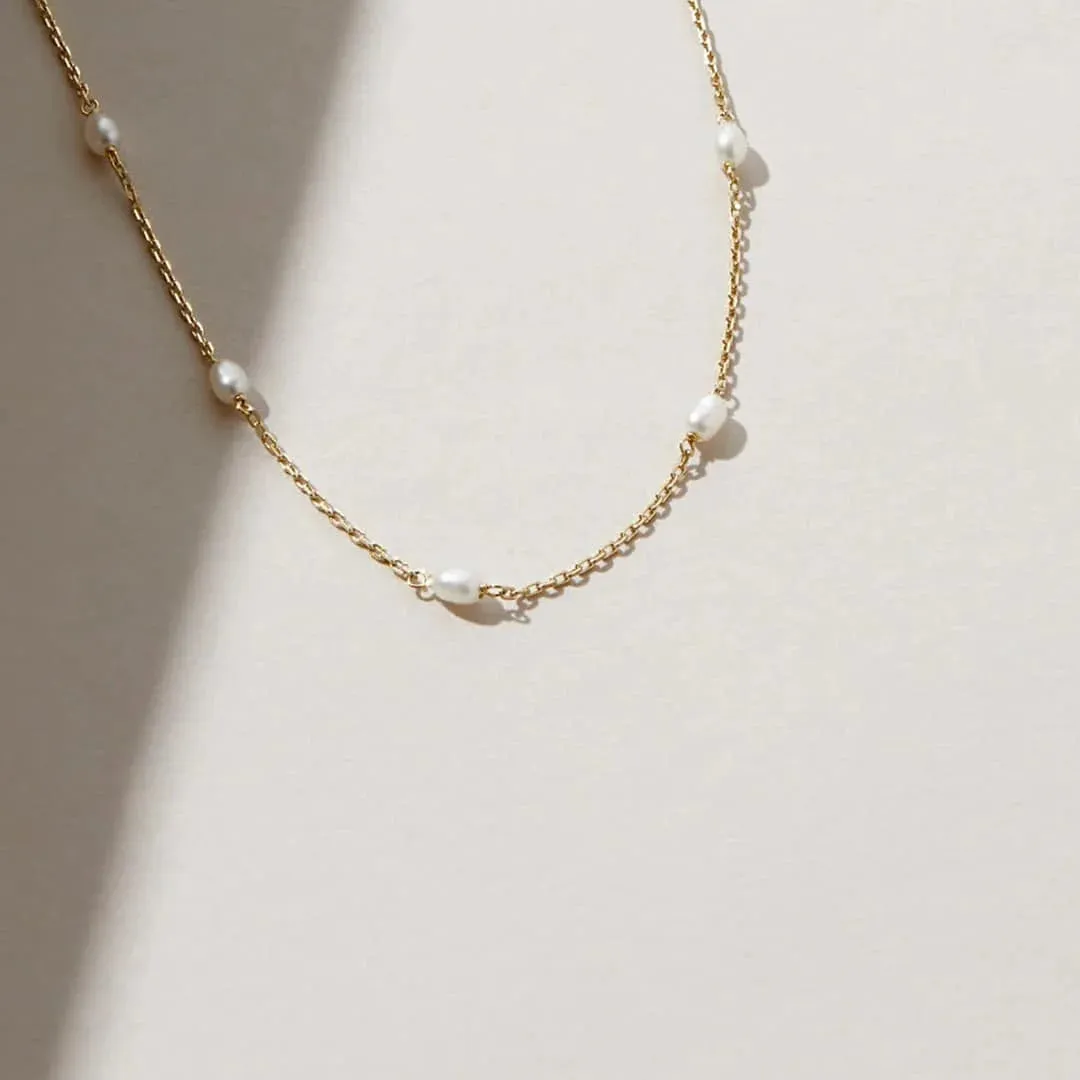 18K Gold Pearl Station Necklace