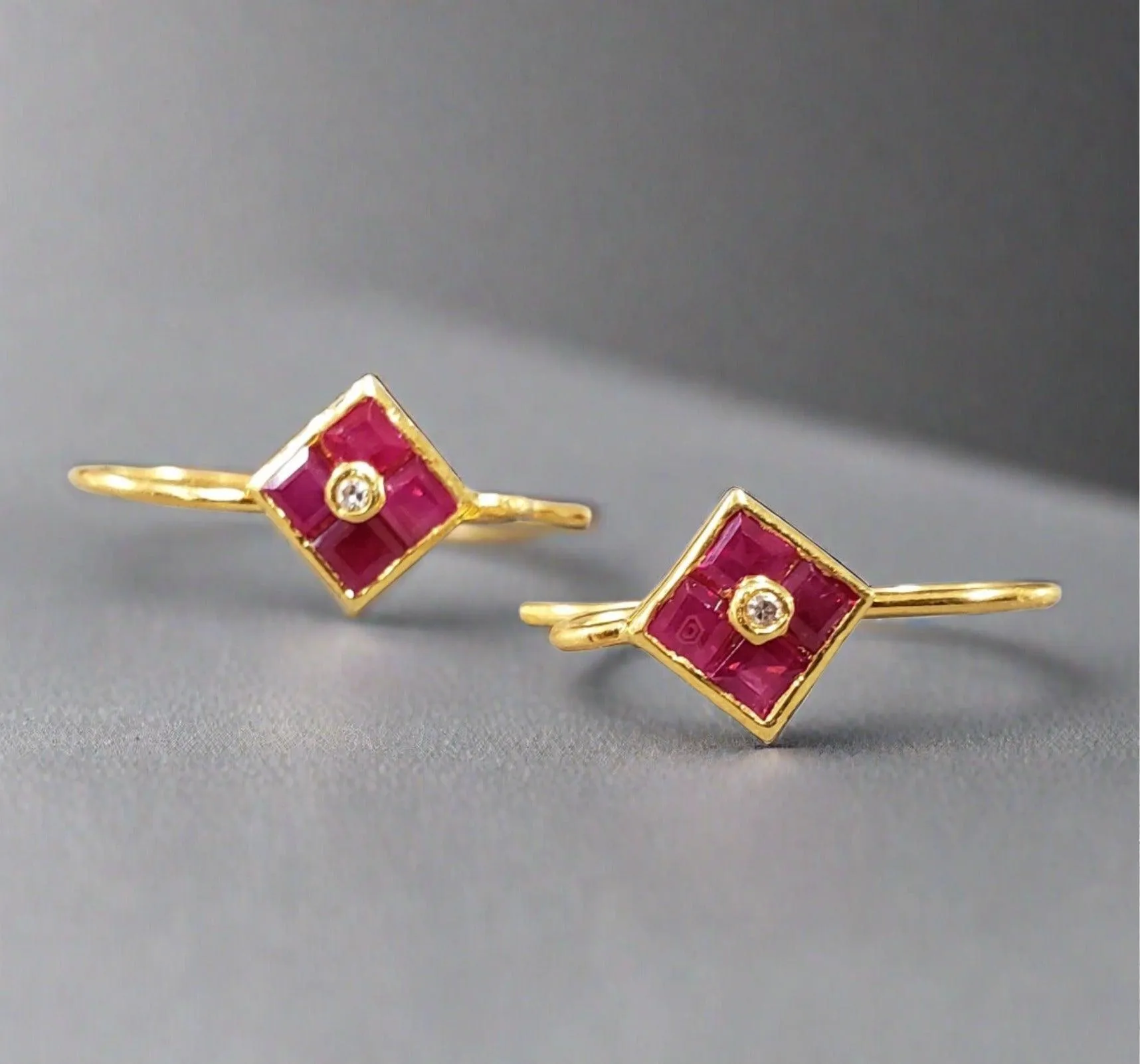 18k Gold Square Ruby Diamond Earrings