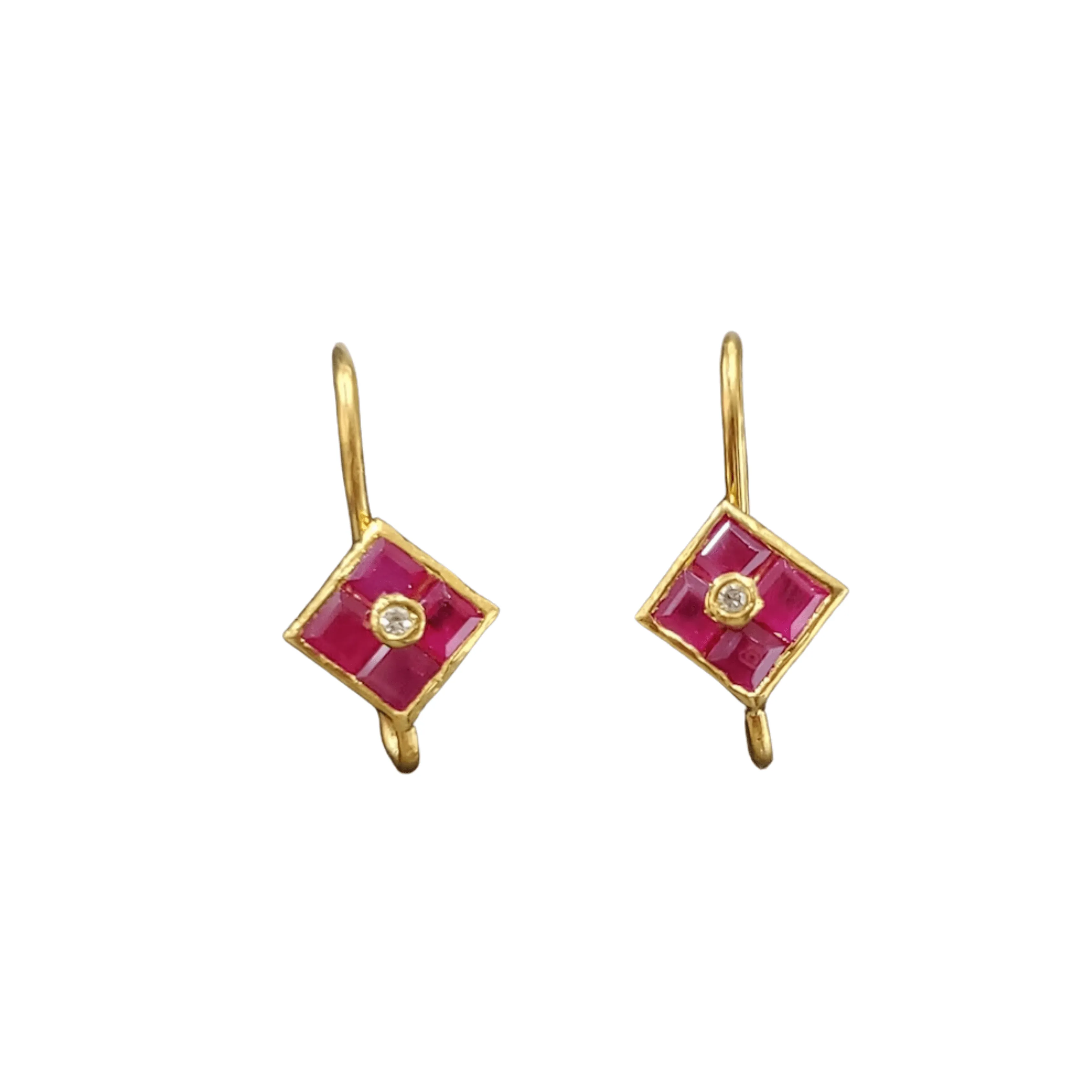 18k Gold Square Ruby Diamond Earrings