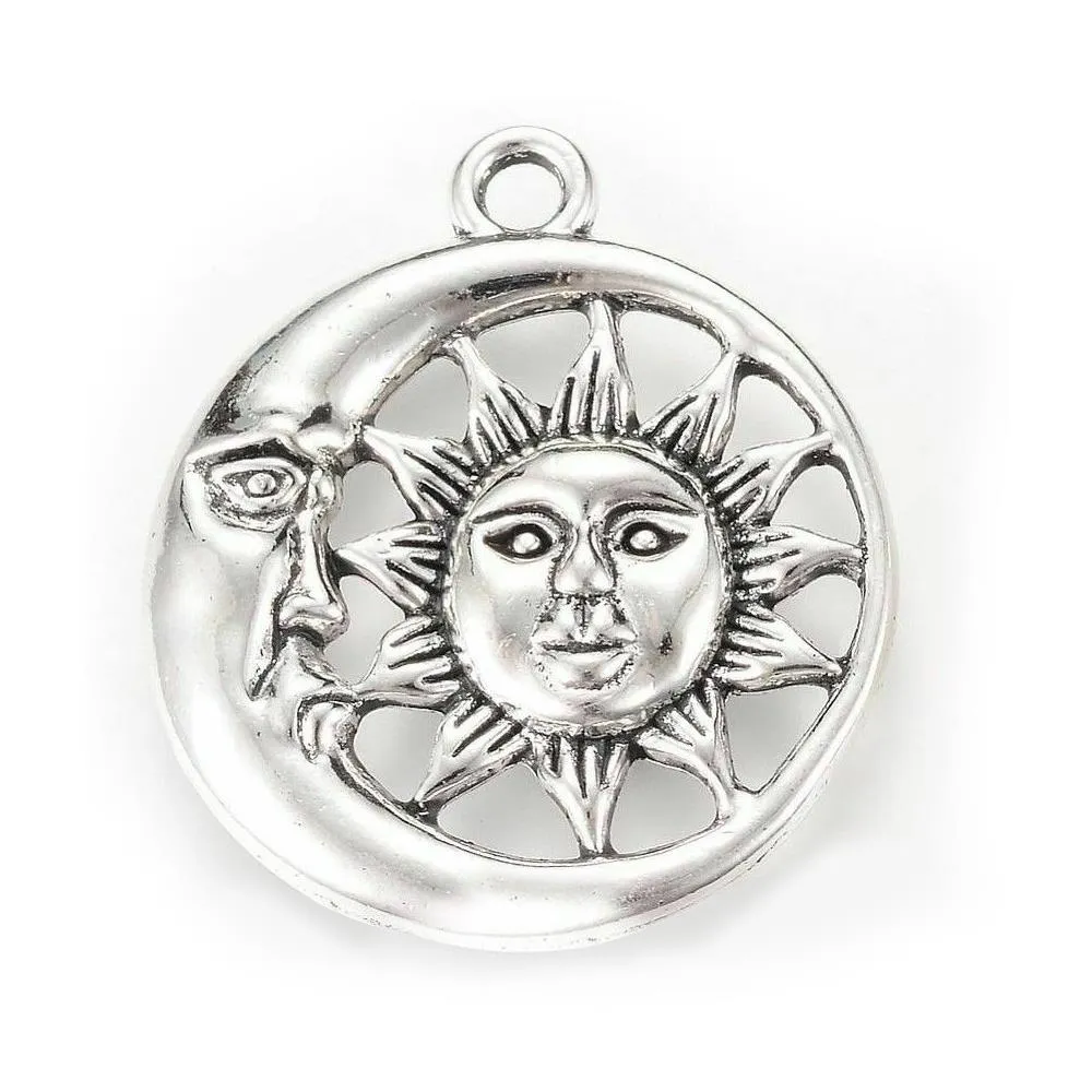 2 Pcs Tibetan Silver Sun and Moon Cut Out Disc 30mm x 26.5mm Charms Pendants