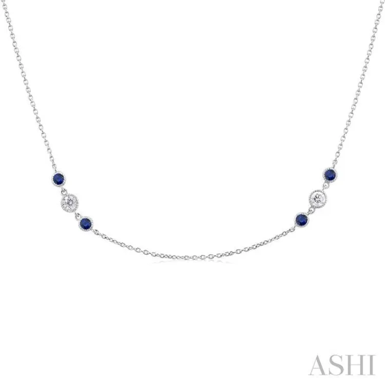 2.25MM Sapphire and 1/2 ctw Round Cut Diamond Precious Station Necklace in 14K White Gold