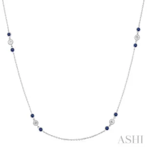 2.25MM Sapphire and 1/2 ctw Round Cut Diamond Precious Station Necklace in 14K White Gold