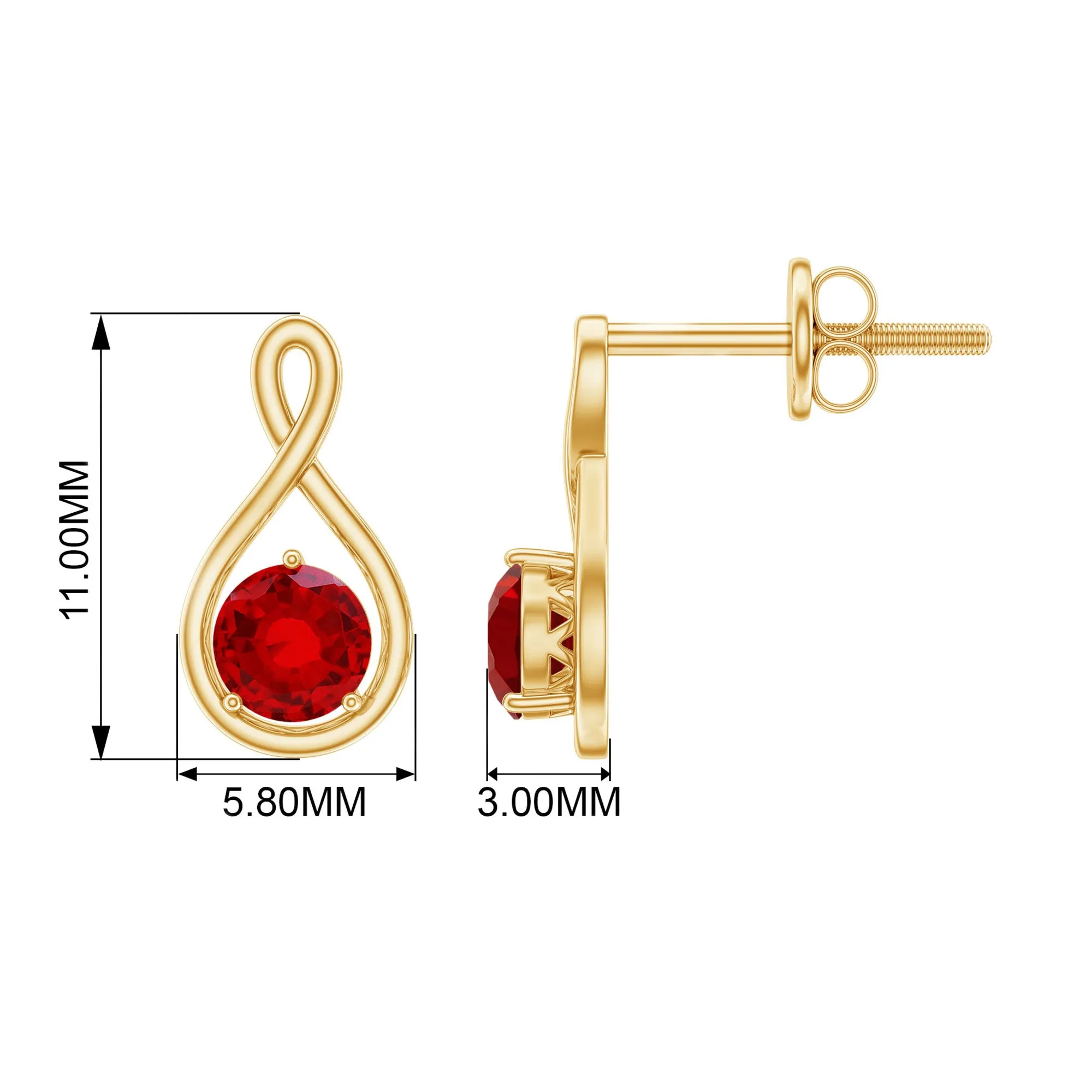 4 MM Round Cut Created Ruby Solitaire Infinity Gold Stud Earrings with Screw Back