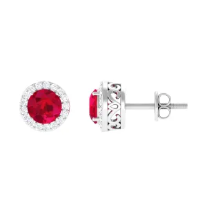 5 MM Created Ruby Halo Stud Earrings with Diamond