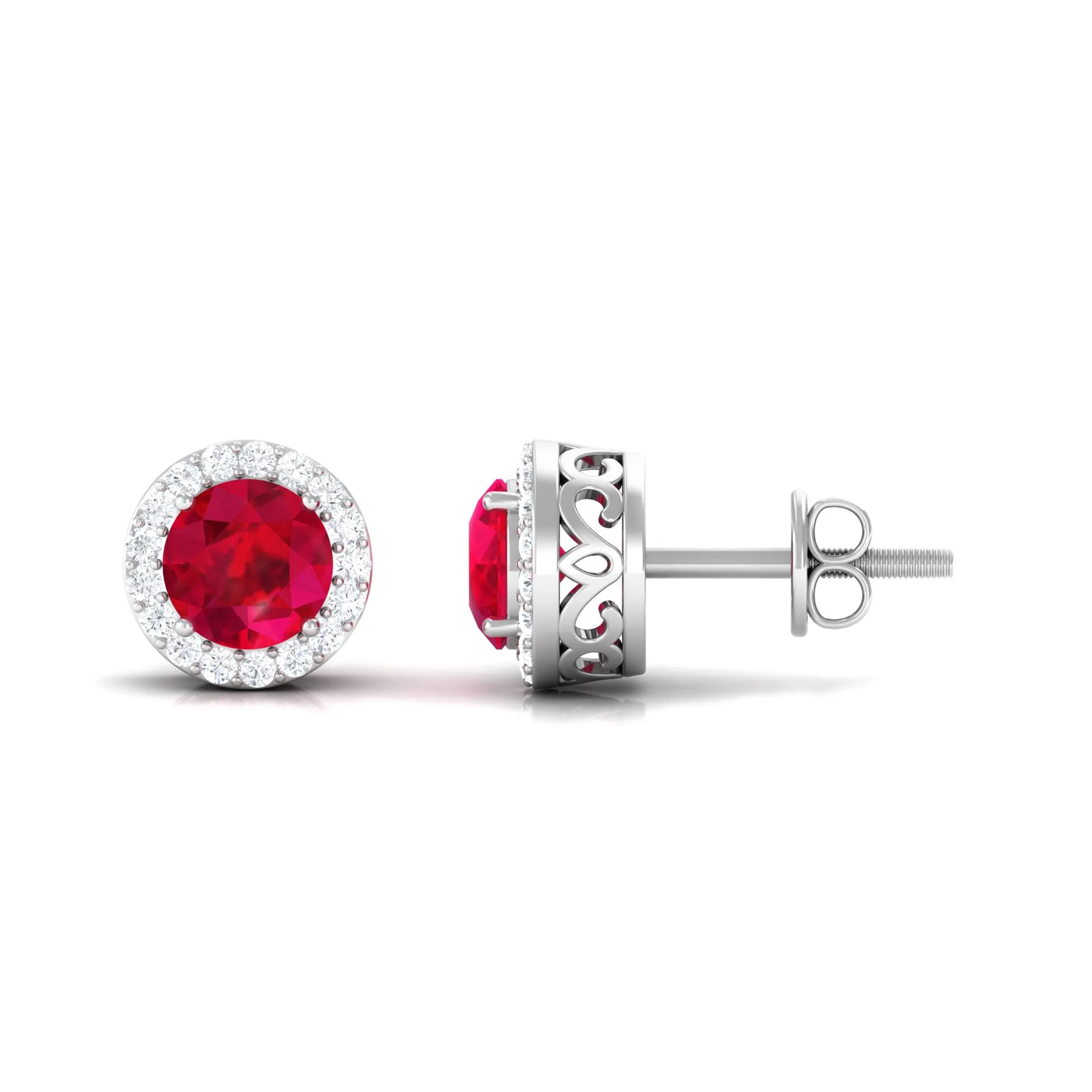 5 MM Created Ruby Halo Stud Earrings with Diamond