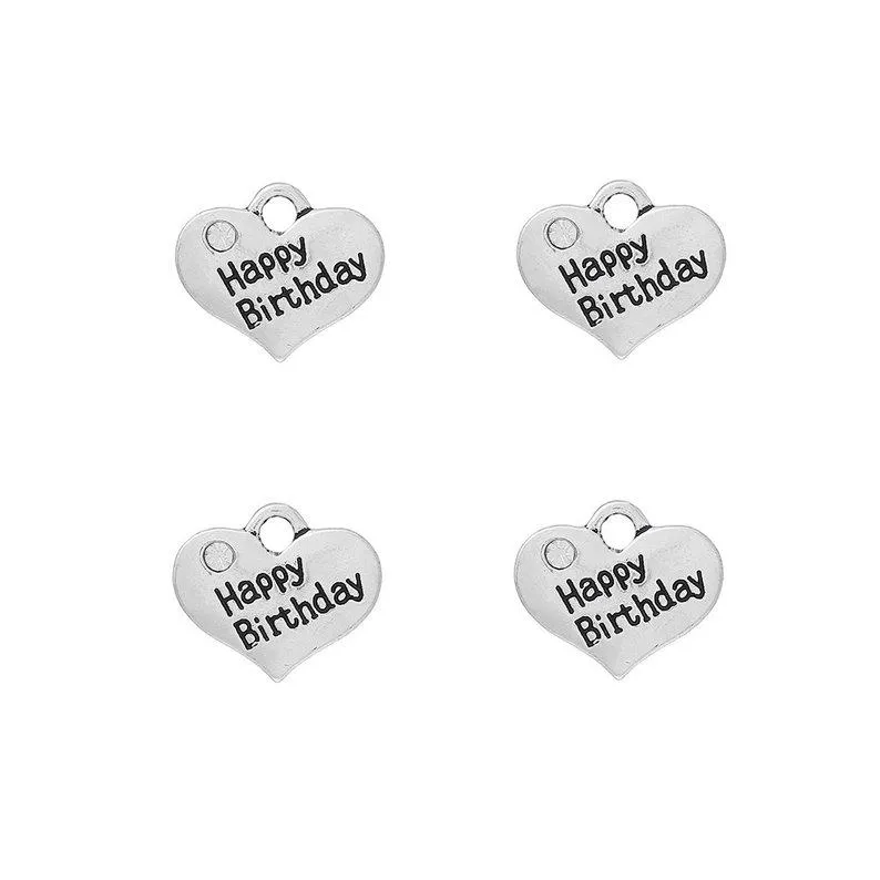 5 Pcs Tibetan Silver and Rhinestone Happy Birthday Heart 14X16mm 3D Charms Pendants