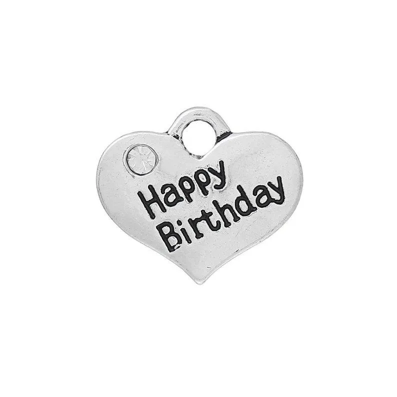 5 Pcs Tibetan Silver and Rhinestone Happy Birthday Heart 14X16mm 3D Charms Pendants