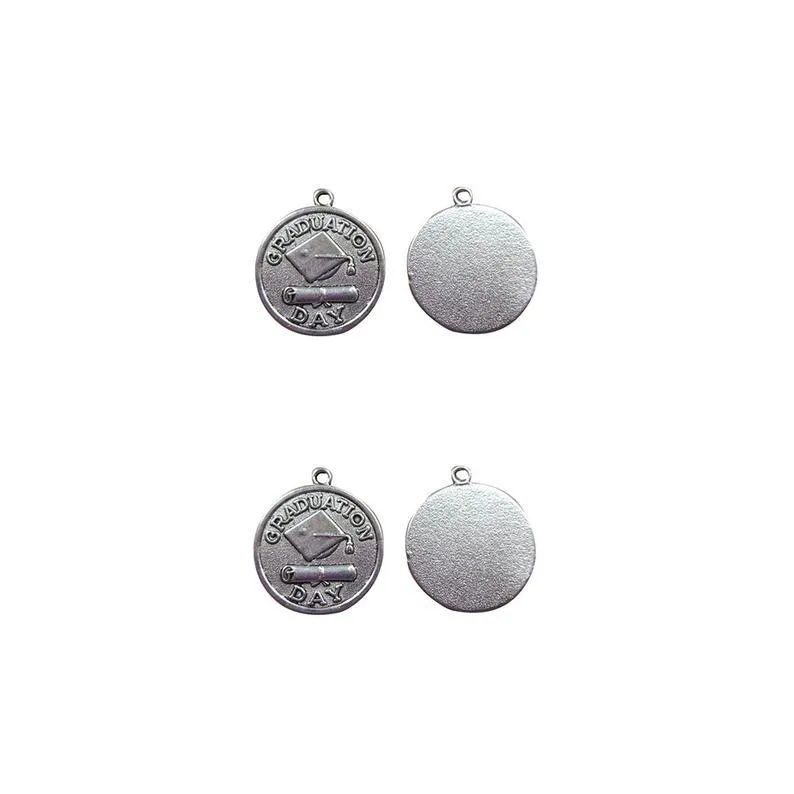 5 Pcs Tibetan Silver Graduation Day Disc With Degree Scroll and Hat 26X23mm 3D Charms Pendants