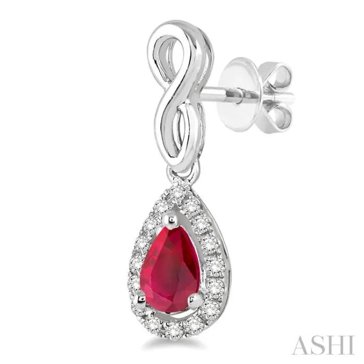 5x3 MM Pear Shape Ruby and 1/6 Ctw Round Cut Diamond Earrings in 10K White Gold