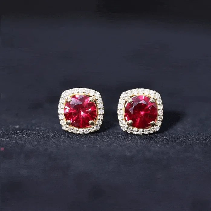 6 MM Round Lab Grown Ruby Halo Stud Earrings with Diamond