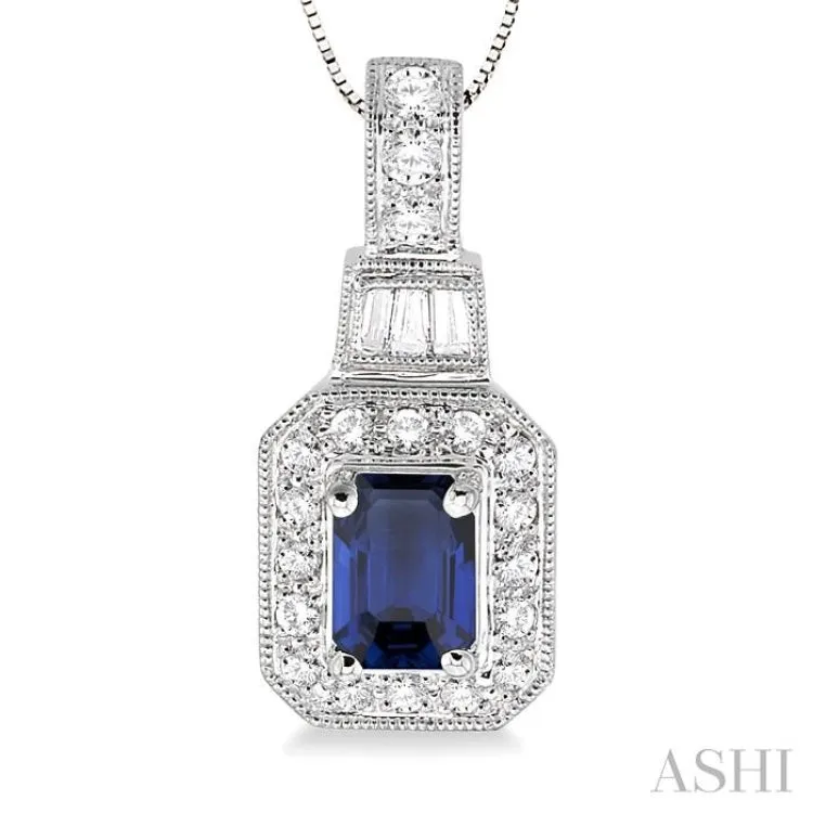 6x4 MM Octagon Cut Sapphire and 1/4 Ctw Round and Baguette Cut Diamond Pendant in 14K White Gold with Chain