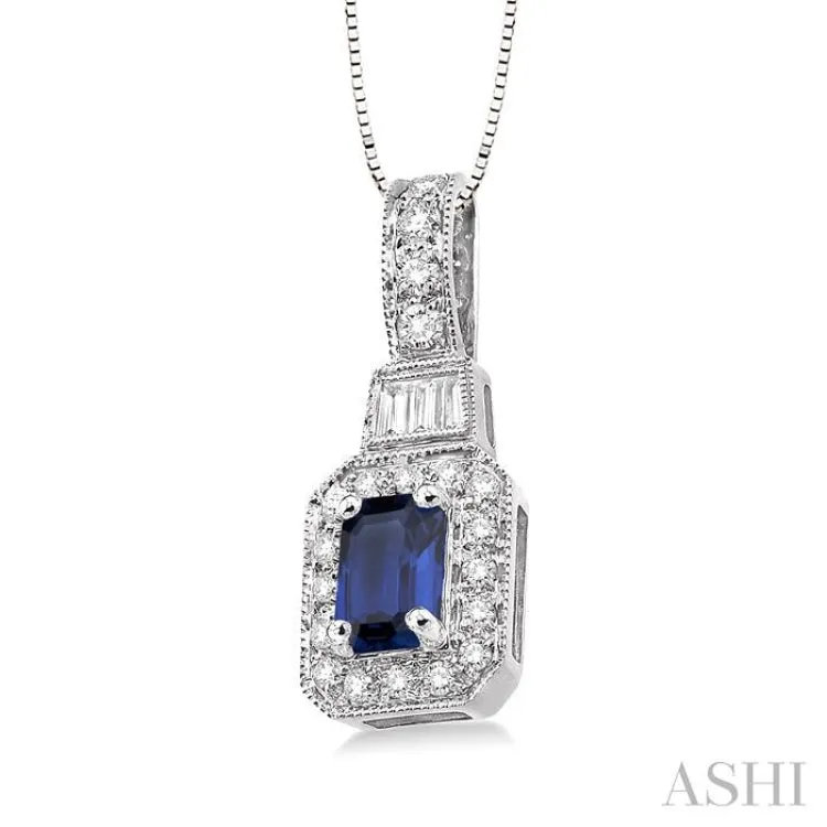 6x4 MM Octagon Cut Sapphire and 1/4 Ctw Round and Baguette Cut Diamond Pendant in 14K White Gold with Chain