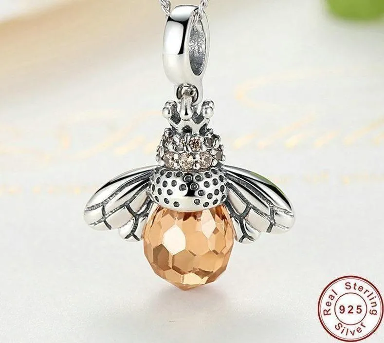 925 Sterling Silver Lovely Orange Bee Pendants Necklace Charm Jewelry