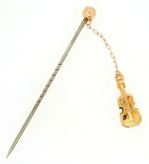 9ct Yellow Gold Violin Steel Pin/Brooch Hat Pin