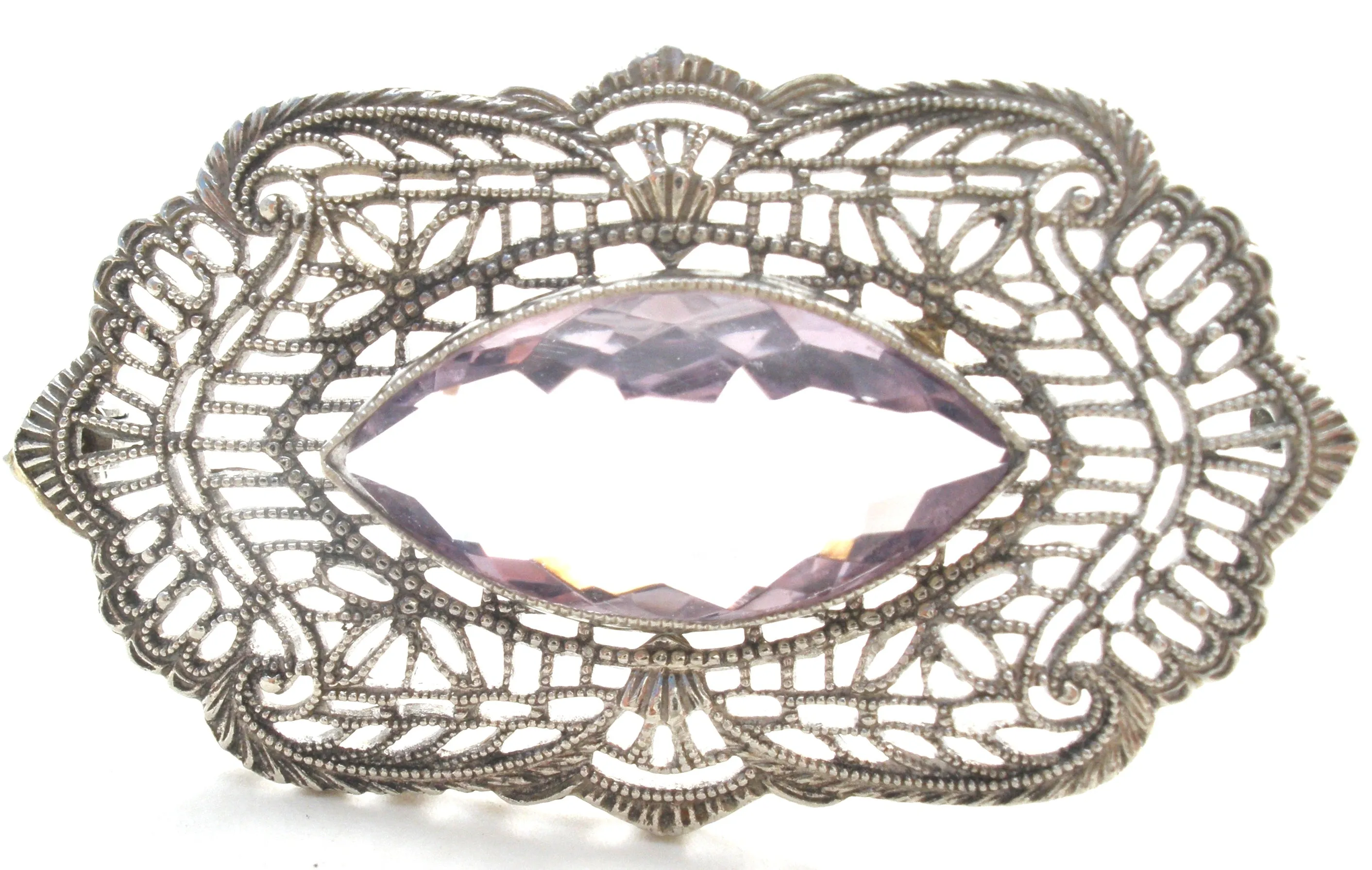 Antique 10K White Gold Amethyst Brooch Pin