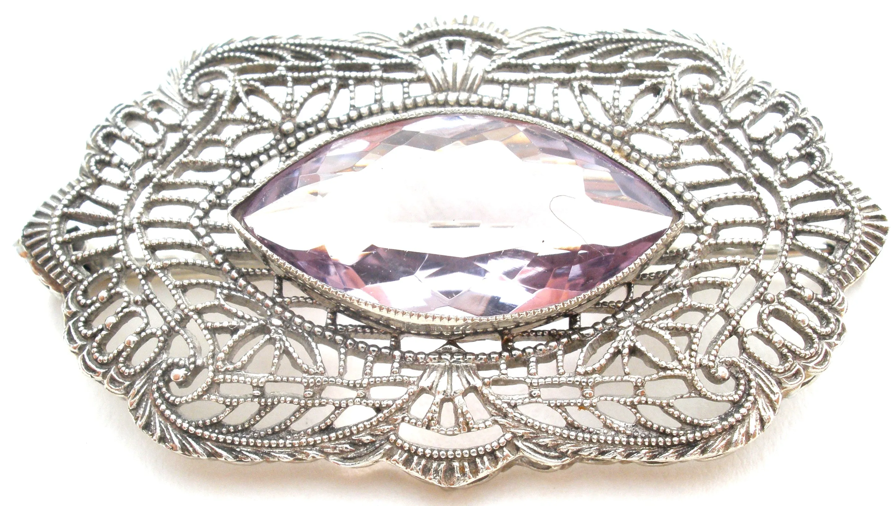 Antique 10K White Gold Amethyst Brooch Pin