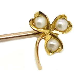 Antique Victorian 9ct Gold Pearl Clover Pin Brooch