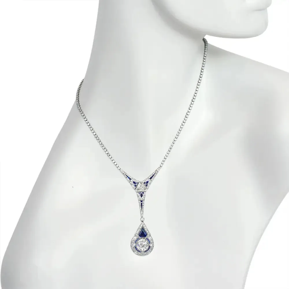 Art Deco diamond lavalier with Palin sapphire and diamond pendant