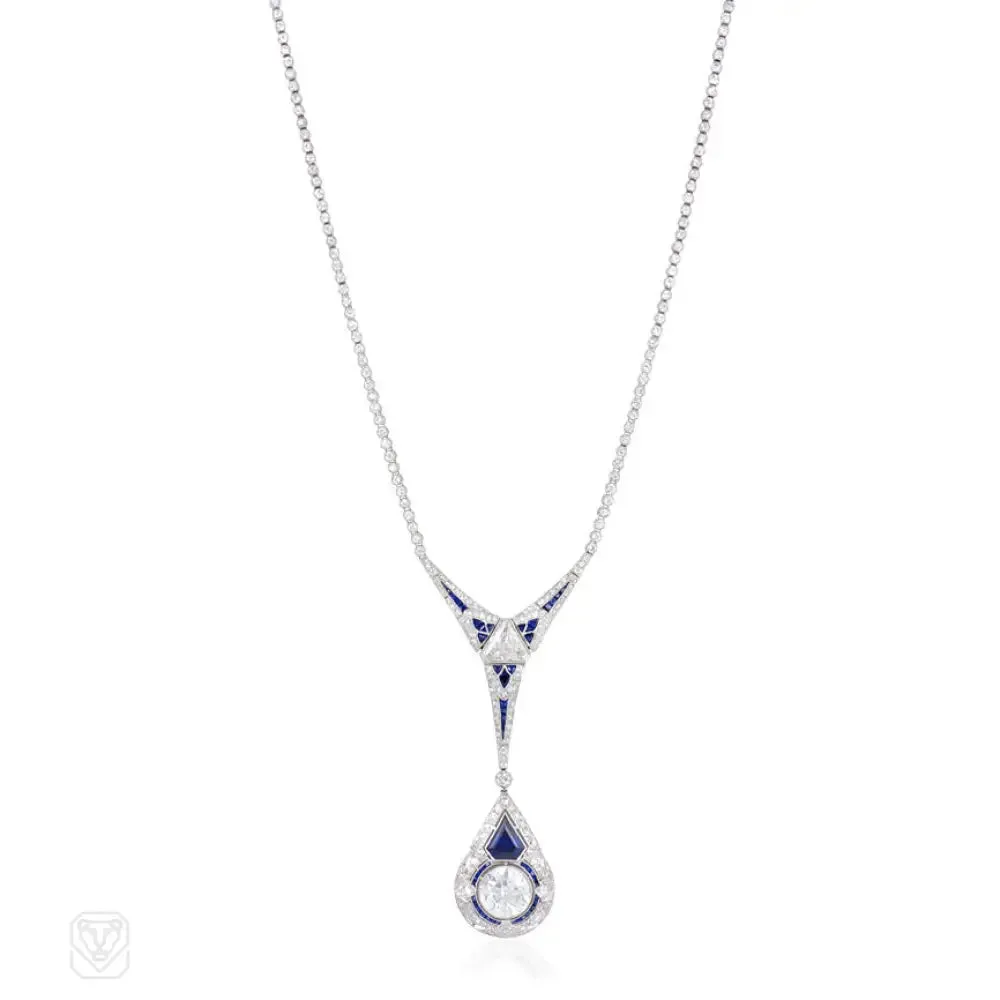 Art Deco diamond lavalier with Palin sapphire and diamond pendant