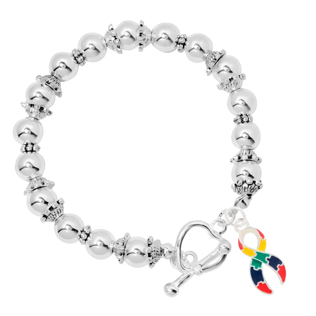 Autism Ribbon Silver Beaded Bracelets