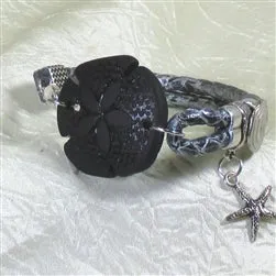 Black Sea Glass Sand Dollar and Silver Leather Bracelet