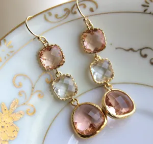 Blush Champagne Crystal Earrings Gold Three Tiered Jewelry - Pink Bridesmaid Earrings -  Peach Wedding Earrings Crystal Pink Wedding Jewelry