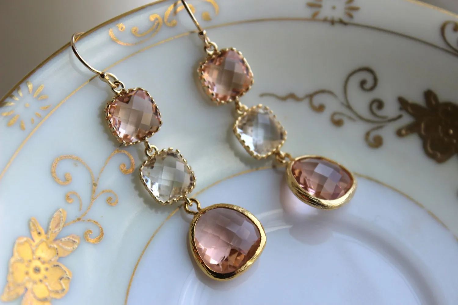 Blush Champagne Crystal Earrings Gold Three Tiered Jewelry - Pink Bridesmaid Earrings -  Peach Wedding Earrings Crystal Pink Wedding Jewelry