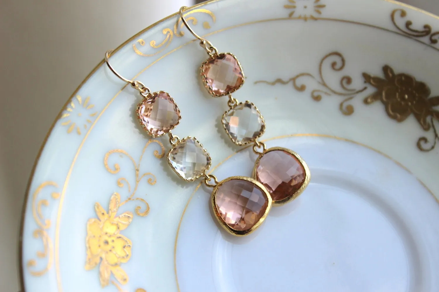 Blush Champagne Crystal Earrings Gold Three Tiered Jewelry - Pink Bridesmaid Earrings -  Peach Wedding Earrings Crystal Pink Wedding Jewelry