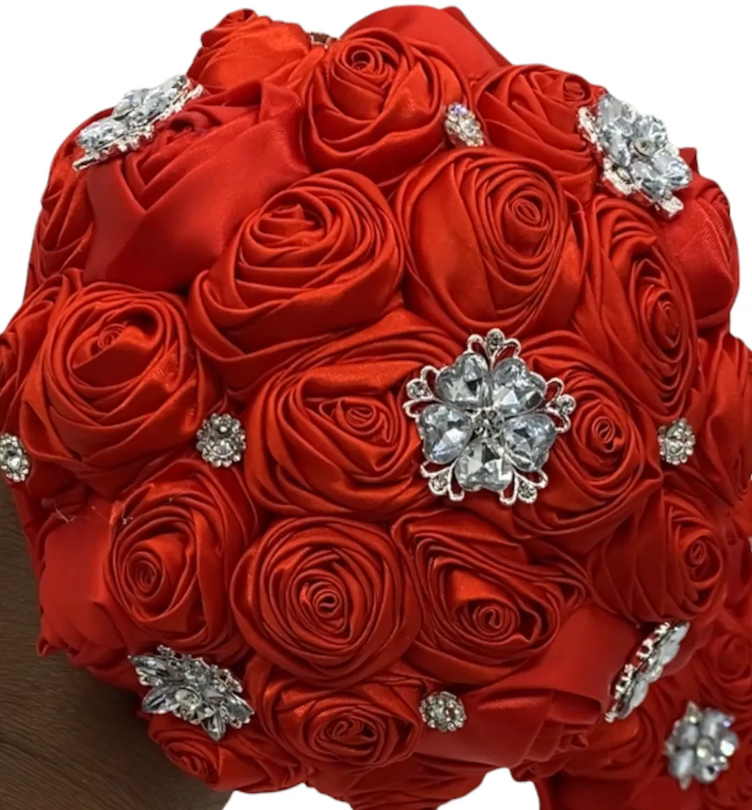 BM-004 ~ Red Satin Roses Brooch Budget Bouquet or DIY KIT