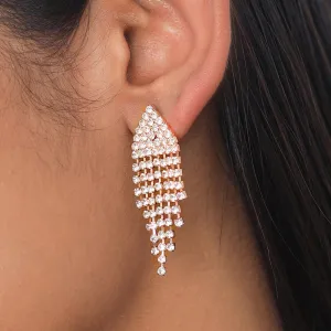 Contemporary White Diamante Crystal Studded Rose Gold-Toned Triangular Tassel Drop Earrings