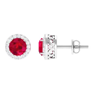 Created Ruby and Diamond Classic Halo Stud Earrings