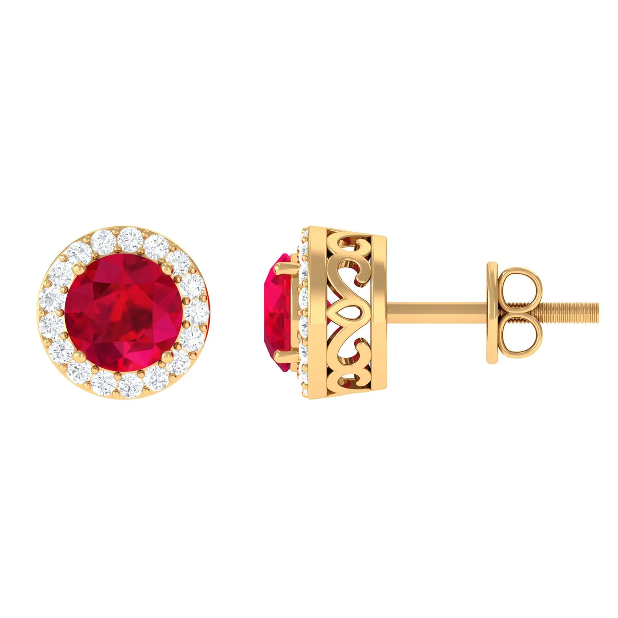 Created Ruby and Diamond Classic Halo Stud Earrings