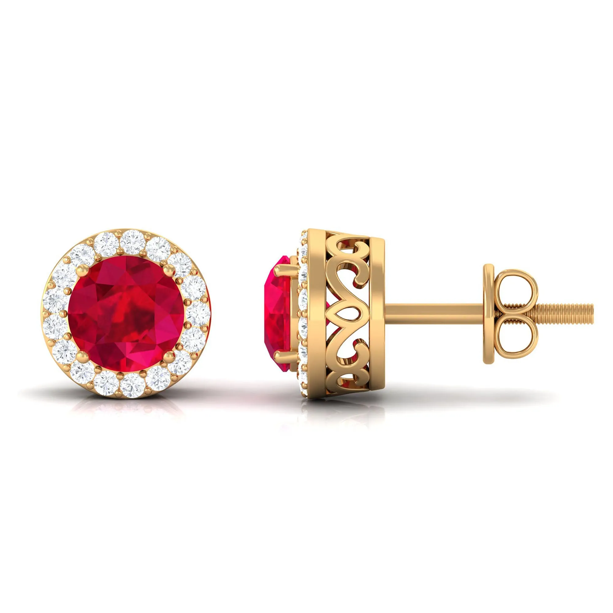 Created Ruby and Diamond Classic Halo Stud Earrings