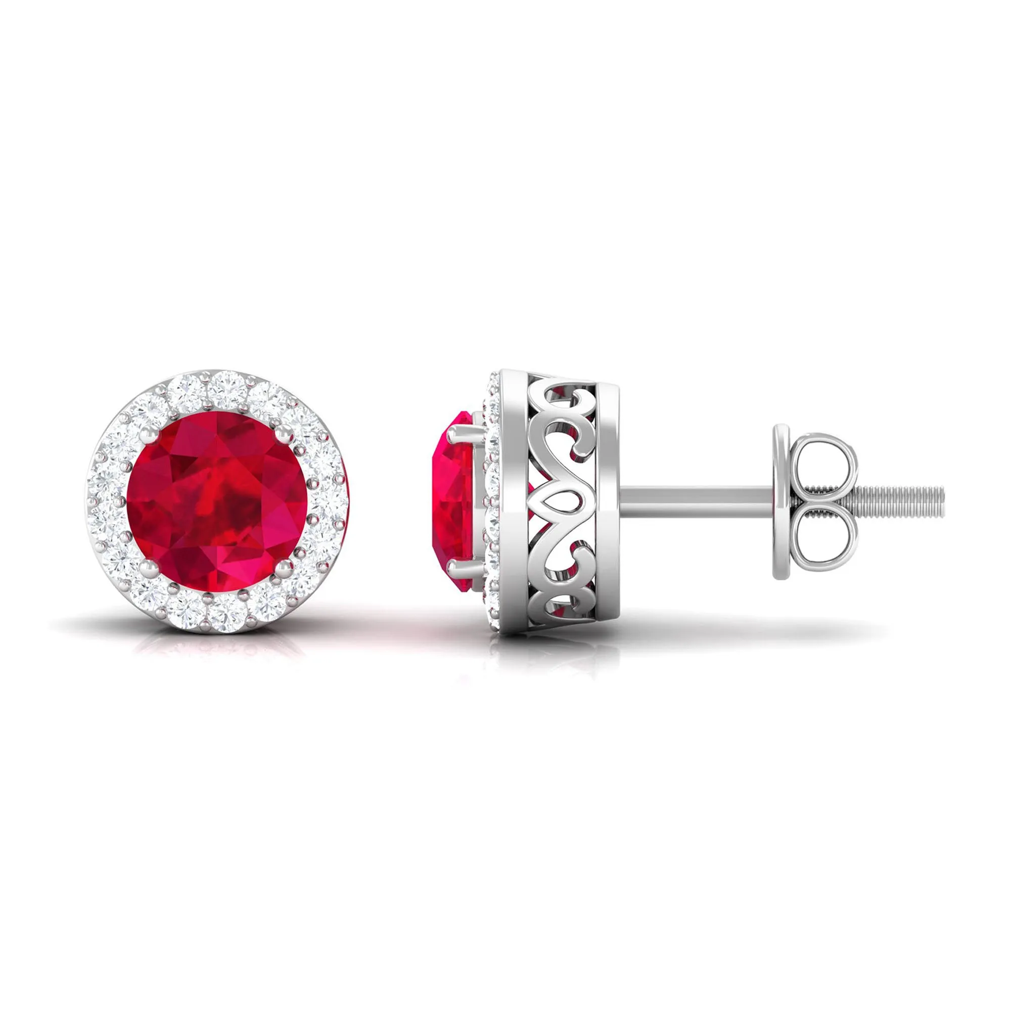 Created Ruby and Diamond Classic Halo Stud Earrings