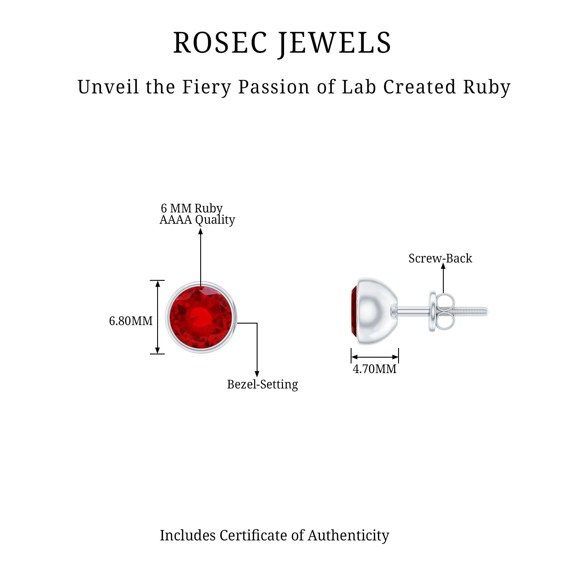 Created Ruby Solitaire Stud Earrings in Bezel Setting