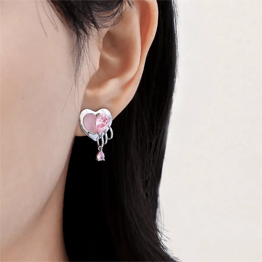 Cute Pink Crystal Dangle Heart Earrings