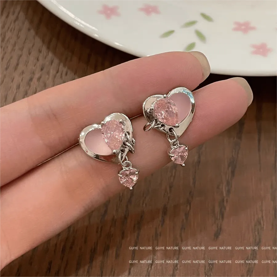 Cute Pink Crystal Dangle Heart Earrings