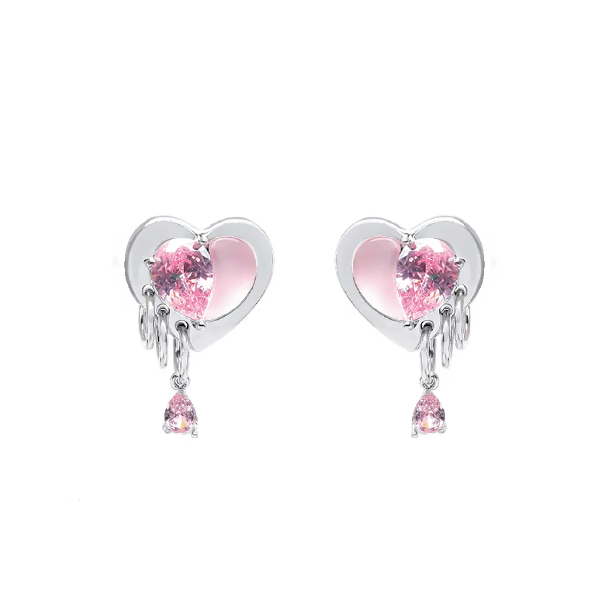 Cute Pink Crystal Dangle Heart Earrings