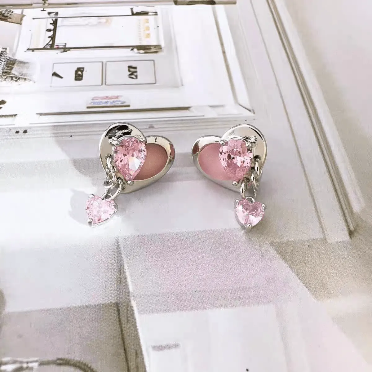 Cute Pink Crystal Dangle Heart Earrings